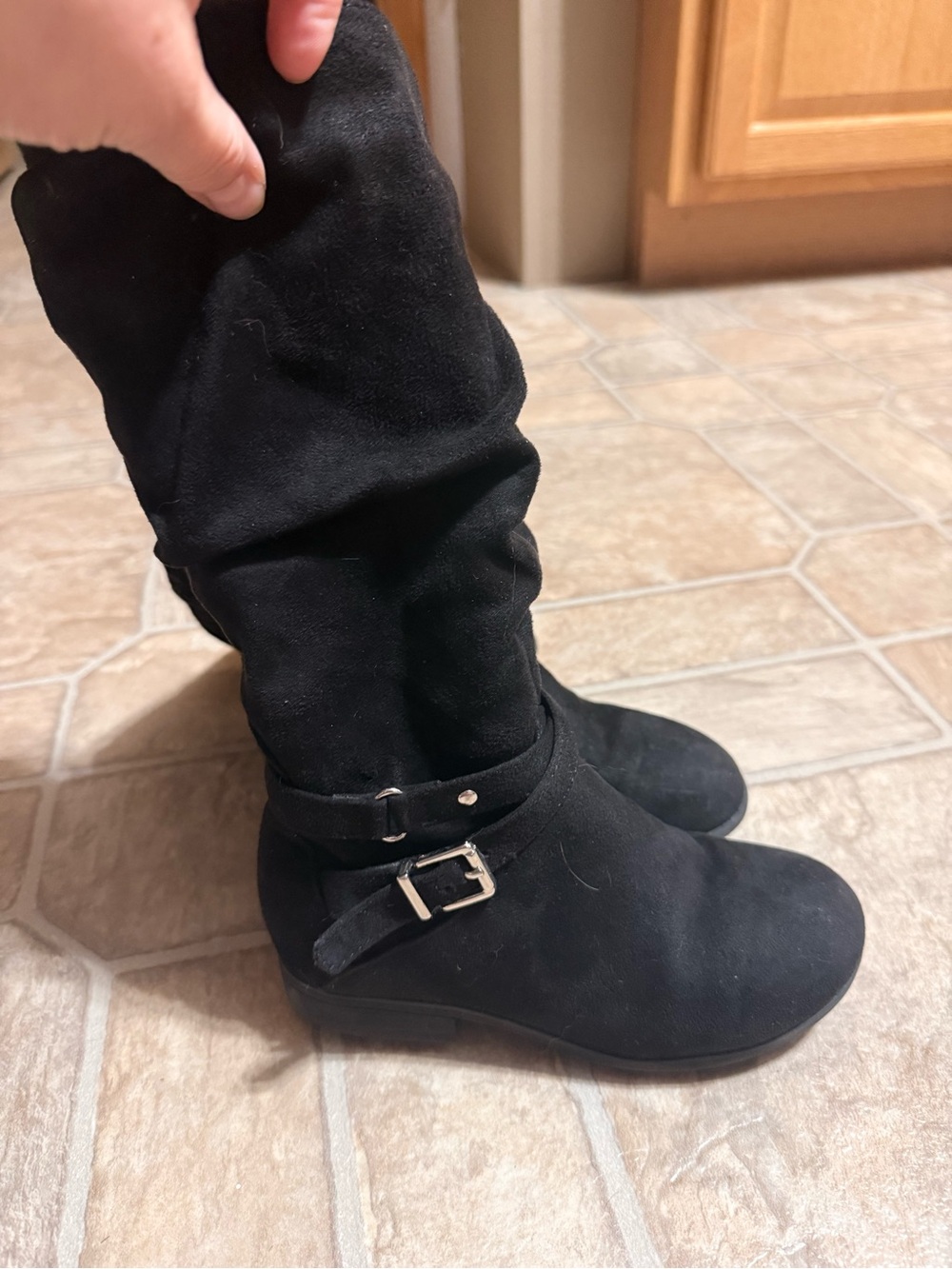 Black Suede Knee-High Wedge Boots with Buckle
